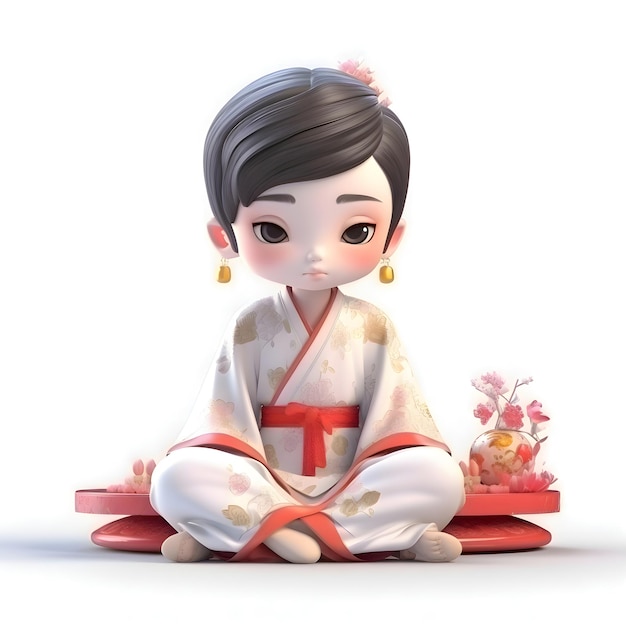 Rendering 3D di una carina ragazza giapponese che indossa un kimono