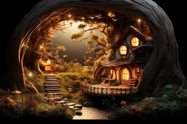 Rendering 3D di una casa di favola in una foresta magica pixar immagine 3D di un'abitazione in miniatura di un elfo e un giardino in un vecchio albero scavato con un'illuminazione fantastica drammatica generata da AI