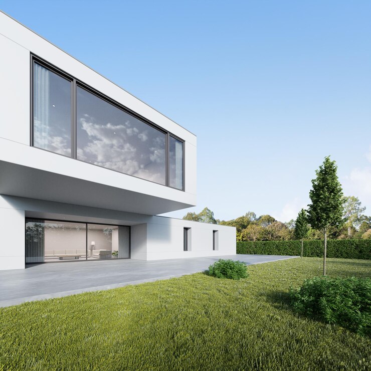 Rendering 3d di una casa moderna bianca con ampia terrazza in cemento e cortile con prato