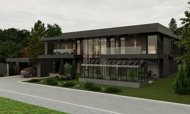 Rendering 3D di una casa moderna con una facciata scura. Casa con finestre panoramiche e terrazzo. Mattone