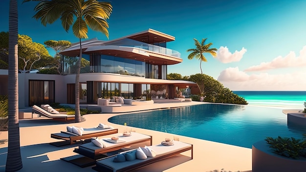 Rendering 3d di una casa moderna e accogliente con piscina e parcheggio in vendita o in affitto Casa di lusso sulla spiaggia