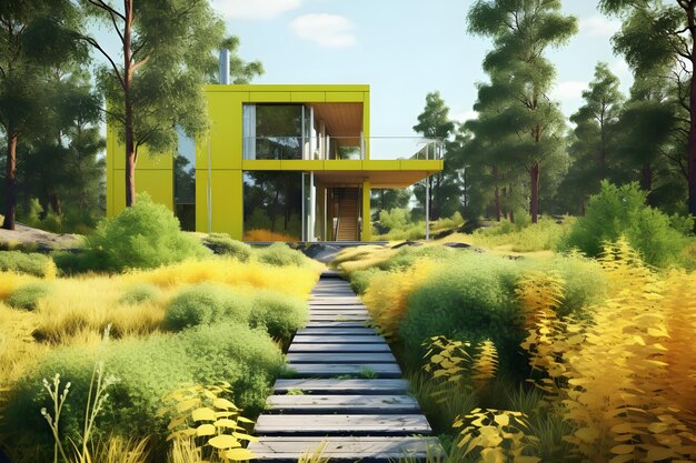 Rendering 3D di una casa moderna luminosa in un paesaggio naturale