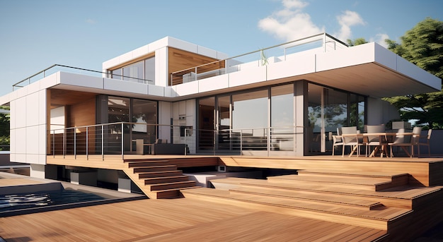 Rendering 3D di una casa moderna su un ponte marrone chiaro