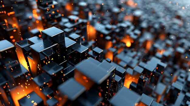 Rendering 3D di una città futuristica con luci arancione luminose