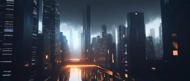 Rendering 3D di una città futuristica di notte con un tema scifi