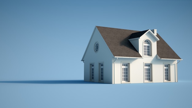 Rendering 3D di una classica casa americana su una superficie blu