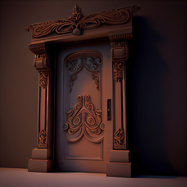 Rendering 3D di una classica porta d'ingresso con decorazioni ornate