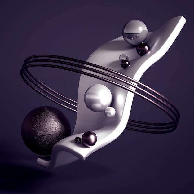 Rendering 3D di una composizione realistica. Sfere volanti, tori, tubi, coni e cristalli in movimento. Bella astrazione minimalismo di sfondo. illustrazione 3d, rendering 3d.