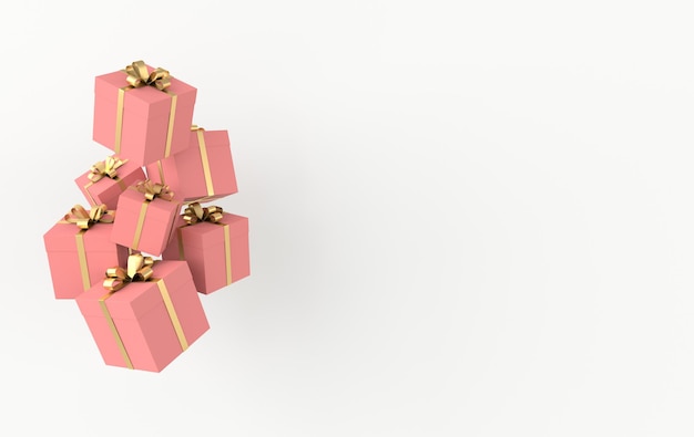 Rendering 3d di una confezione regalo rosa realistica con fiocco di nastro dorato su sfondo bianco