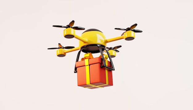 Rendering 3D di una confezione regalo volante tenuta da un drone Il drone è uno strumento per la consegna di regali