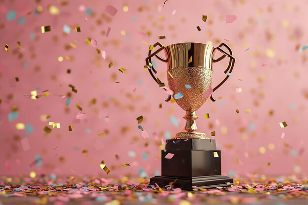 Rendering 3d di una coppa del trofeo dorata con confetti su sfondo rosa AI Generato