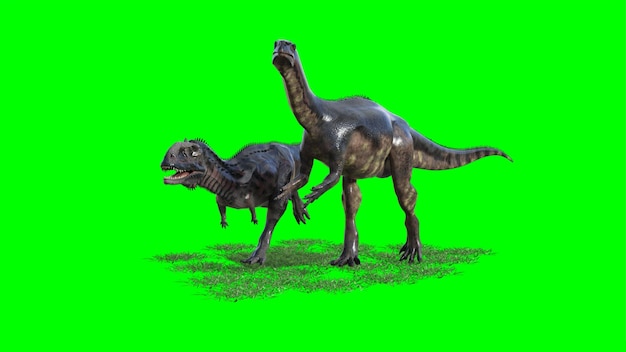 Rendering 3D di una creatura dinosauro su sfondo verde