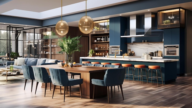 Rendering 3D di una cucina blu scuro e beige con accenti bianchi generato dall'intelligenza artificiale