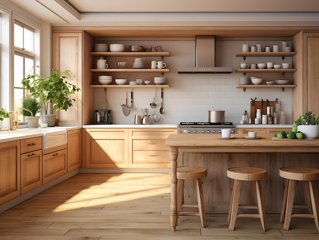 Rendering 3D di una cucina con pavimenti in legno e con armadi in legno.