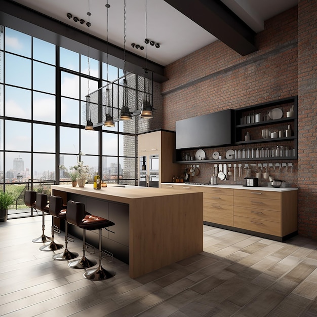 Rendering 3D di una cucina moderna in un loft