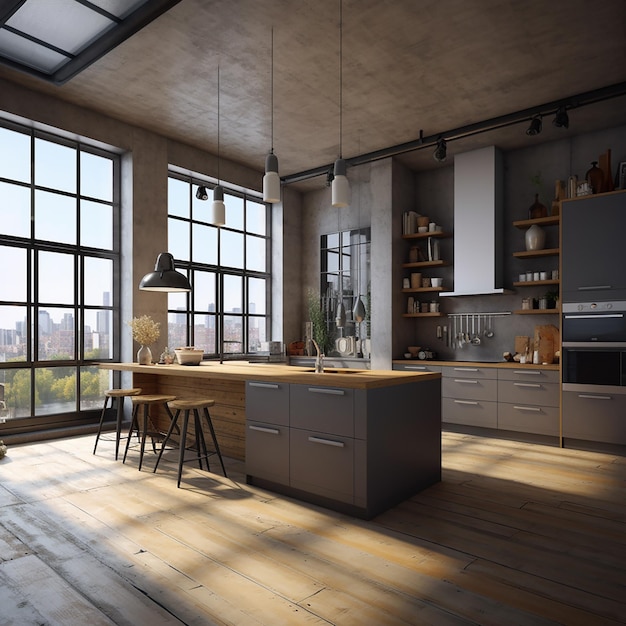 Rendering 3D di una cucina moderna in un loft