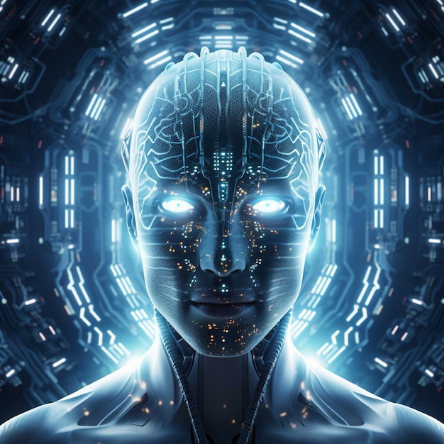 Rendering 3D di una donna cyborg con cervello a circuito su sfondo blu