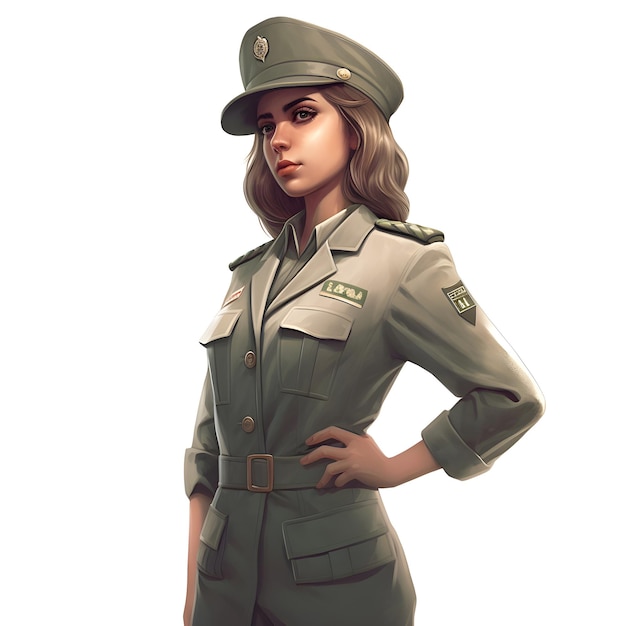 Rendering 3D di una donna soldato in uniforme militare isolata su sfondo bianco