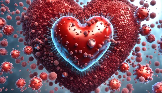 Rendering 3D di una fondazione clinica che mostra cellule infettive che cercano un cuore in un maschio