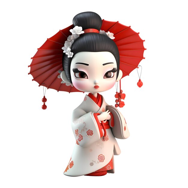 Rendering 3D di una geisha giapponese con un parasole rosso