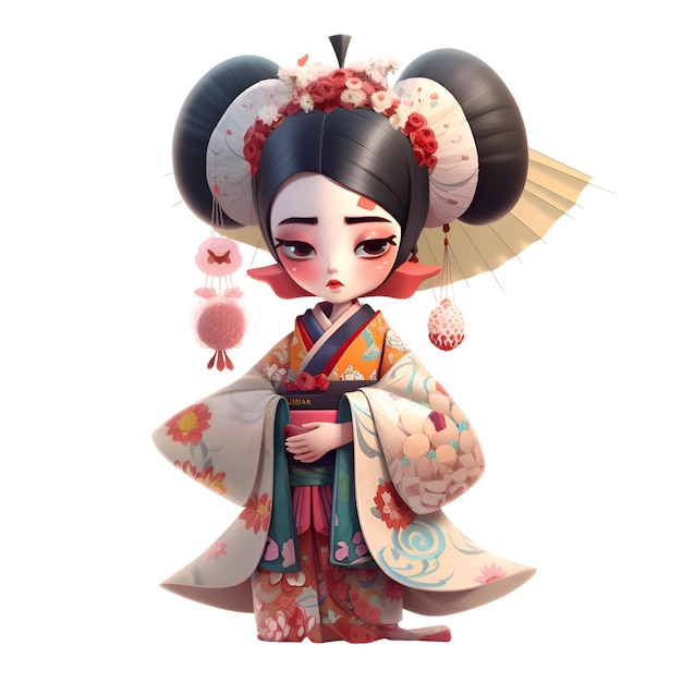 Rendering 3D di una geisha giapponese con una tazza di tè