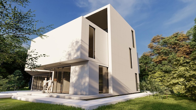 Rendering 3D di una grande casa bianca moderna