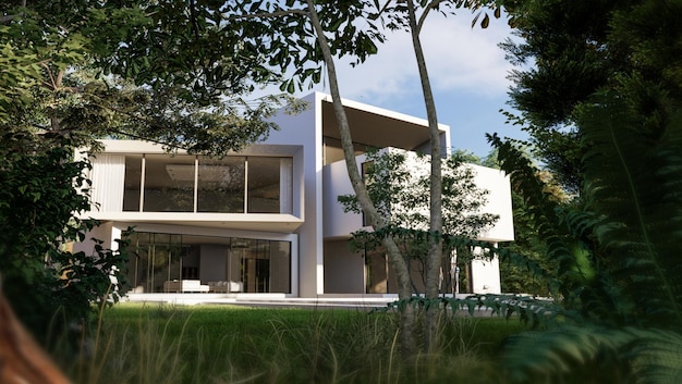 Rendering 3D di una grande casa bianca moderna