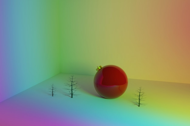 Rendering 3D di una grande palla di Natale rossa con abeti senza aghi nella scatola della stanza dei colori dello spettro arcobaleno. Layout creativo, tendenze moderne design biglietto di auguri di Natale.