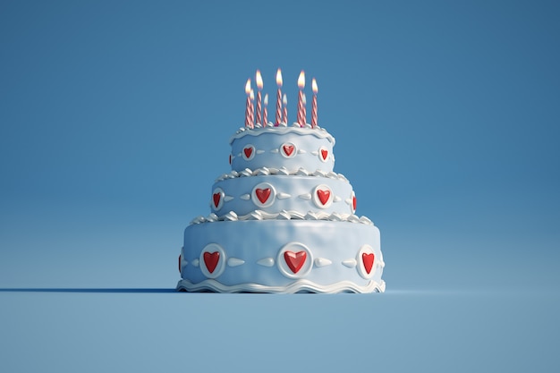 Rendering 3D di una grande torta di compleanno blu