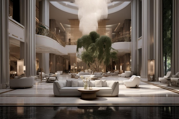 Rendering 3D di una lobby di un hotel di lusso con divani bianchi Lobby della reception di un hotel di lusso in un rendering 3D AI Generato