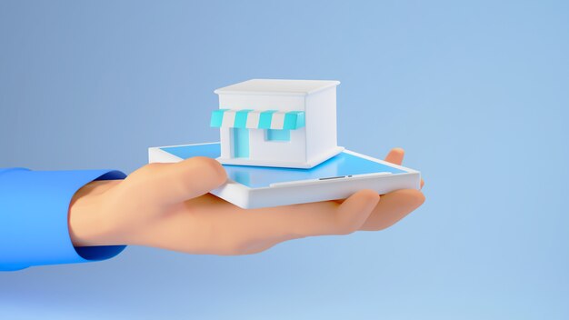 Rendering 3D di una mano che tiene un piccolo negozio su sfondo blu