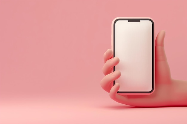 Rendering 3D di una mano che tiene un telefono con schermo bianco Mockup di mano di cartone animato che tiene uno smartphone Scena minima con dispositivo su sfondo pastello con modello di schermo di copia di spazio