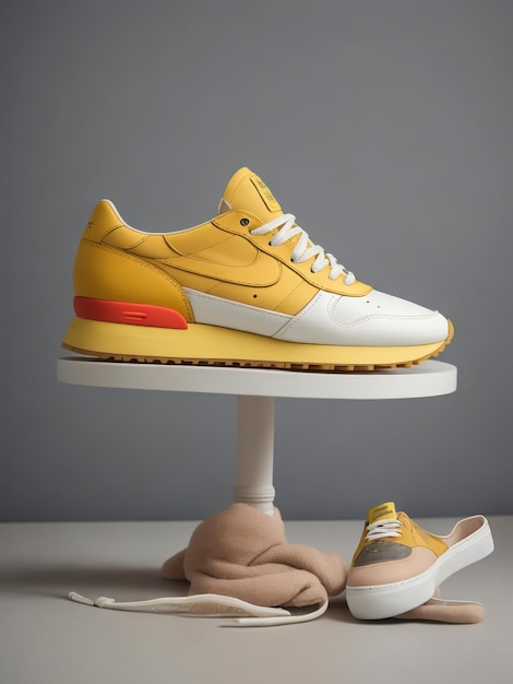 Rendering 3D di una mockup di scarpe da ginnastica gialle isolata su uno sfondo bianco