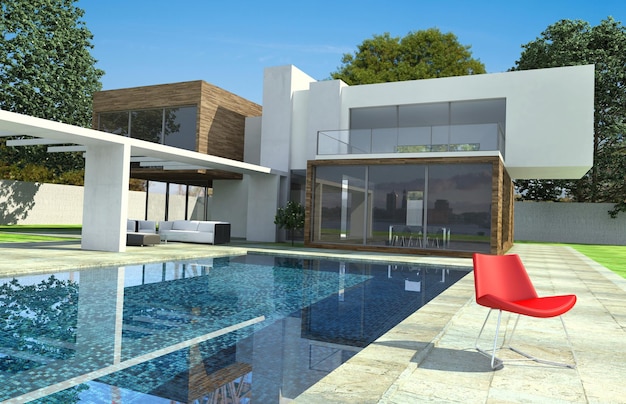 Rendering 3D di una moderna casa di lusso con piscina