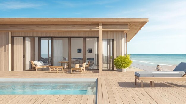 Rendering 3D di una moderna casa sulla spiaggia di lusso con terrazza in legno e piscina sullo sfondo del mare