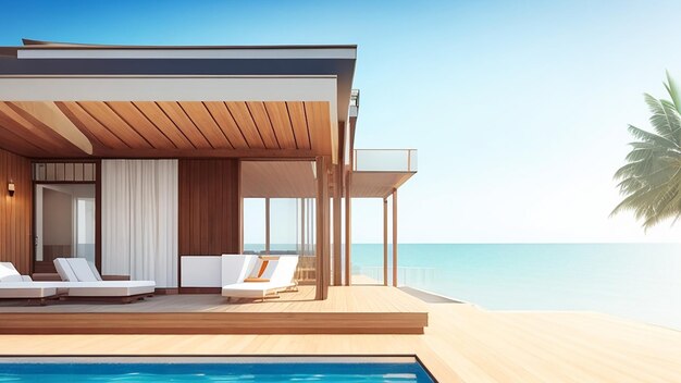 Rendering 3D di una moderna casa sulla spiaggia di lusso con terrazza in legno e piscina sullo sfondo del mare