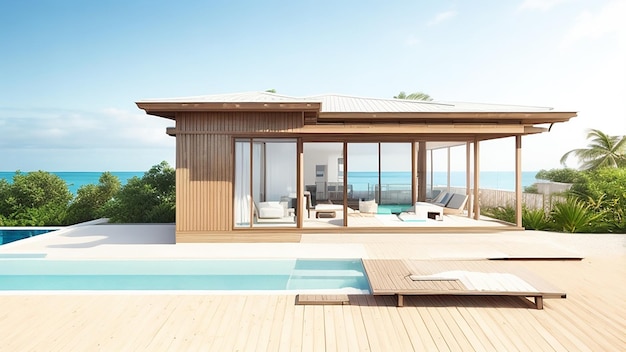 Rendering 3D di una moderna casa sulla spiaggia di lusso con terrazza in legno e piscina sullo sfondo del mare