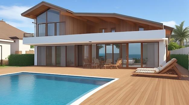 Rendering 3D di una moderna casa sulla spiaggia di lusso con terrazza in legno e piscina sullo sfondo del mare