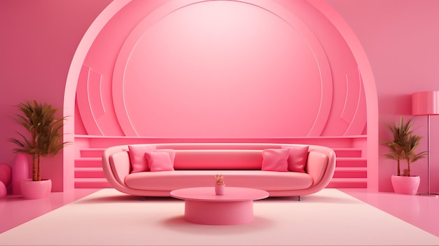 Rendering 3D di una moderna sala multimediale barbie con divano rosa e tv