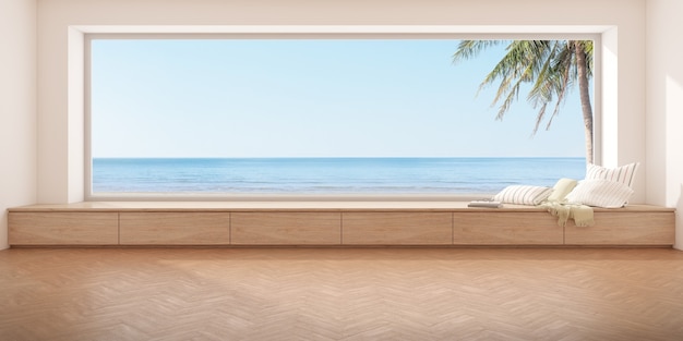 Rendering 3D di una moderna stanza vuota con sedile in legno e pavimento a spina di pesce sullo sfondo del mare, grande finestra.