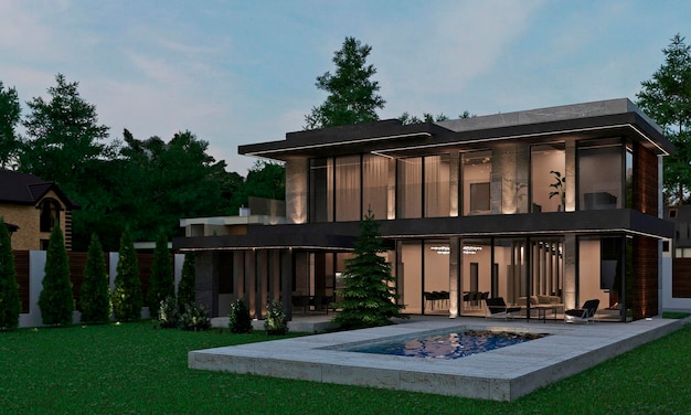 Rendering 3D di una moderna villa in collina. Villa con finestre panoramiche e piscina