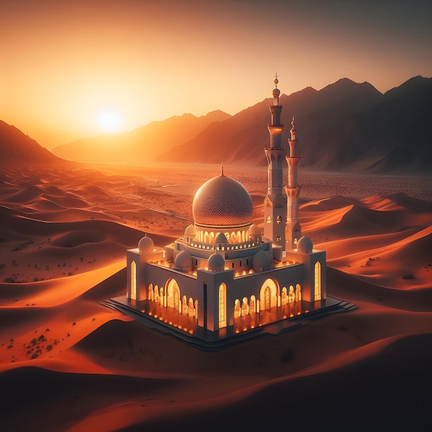 Rendering 3D di una moschea in mezzo al deserto al tramonto