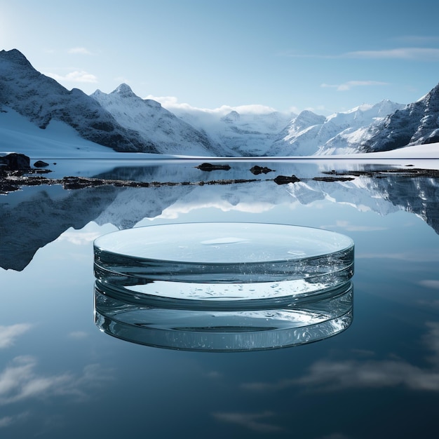 Rendering 3D di una piattaforma di vetro che galleggia su un lago calmo con montagne innevate sullo sfondo