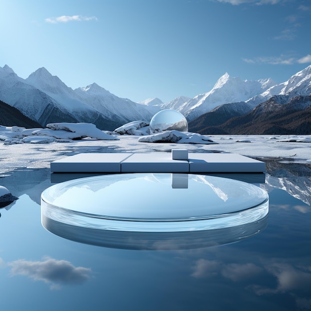Rendering 3D di una piattaforma di vetro su un lago ghiacciato con montagne innevate sullo sfondo