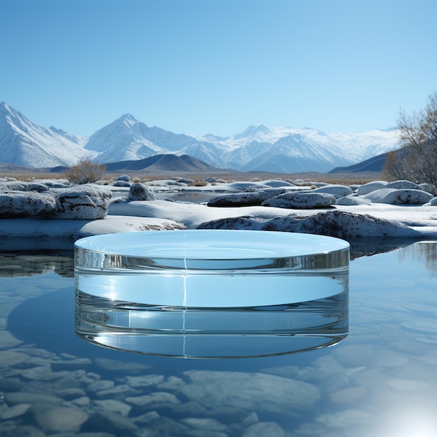 Rendering 3D di una piattaforma in vetro trasparente su una superficie d'acqua calma contro il paesaggio montano