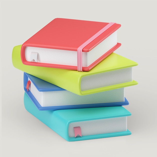 Rendering 3D di una pila di libri dai colori vivaci con un segnalibro Una pila di libri di testo quaderni libri Un simbolo dell'apprendimento delle attività scolastiche Illustrazione isolata su sfondo grigio