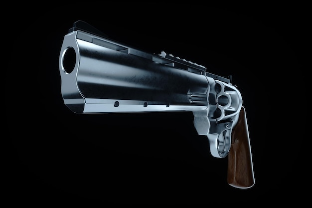 Rendering 3D di una pistola revolver isolata su sfondo nero Illustrazione 3D color argento