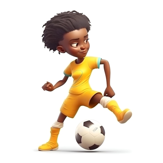 Rendering 3D di una ragazza afroamericana con pallone da calcio isolato su sfondo bianco