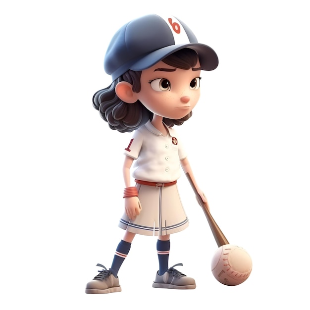 Rendering 3D di una ragazza carina con cappello da baseball e mazza