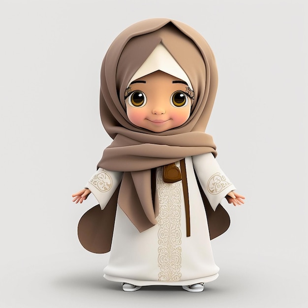 Rendering 3D di una ragazza musulmana carina in abito tradizionale islamico